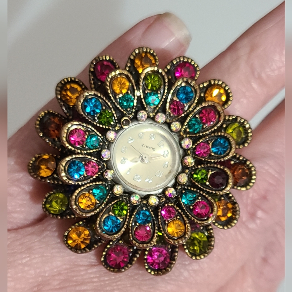 3D watch ring flower stretchy colorful Rhinestones layered sparkly stunning